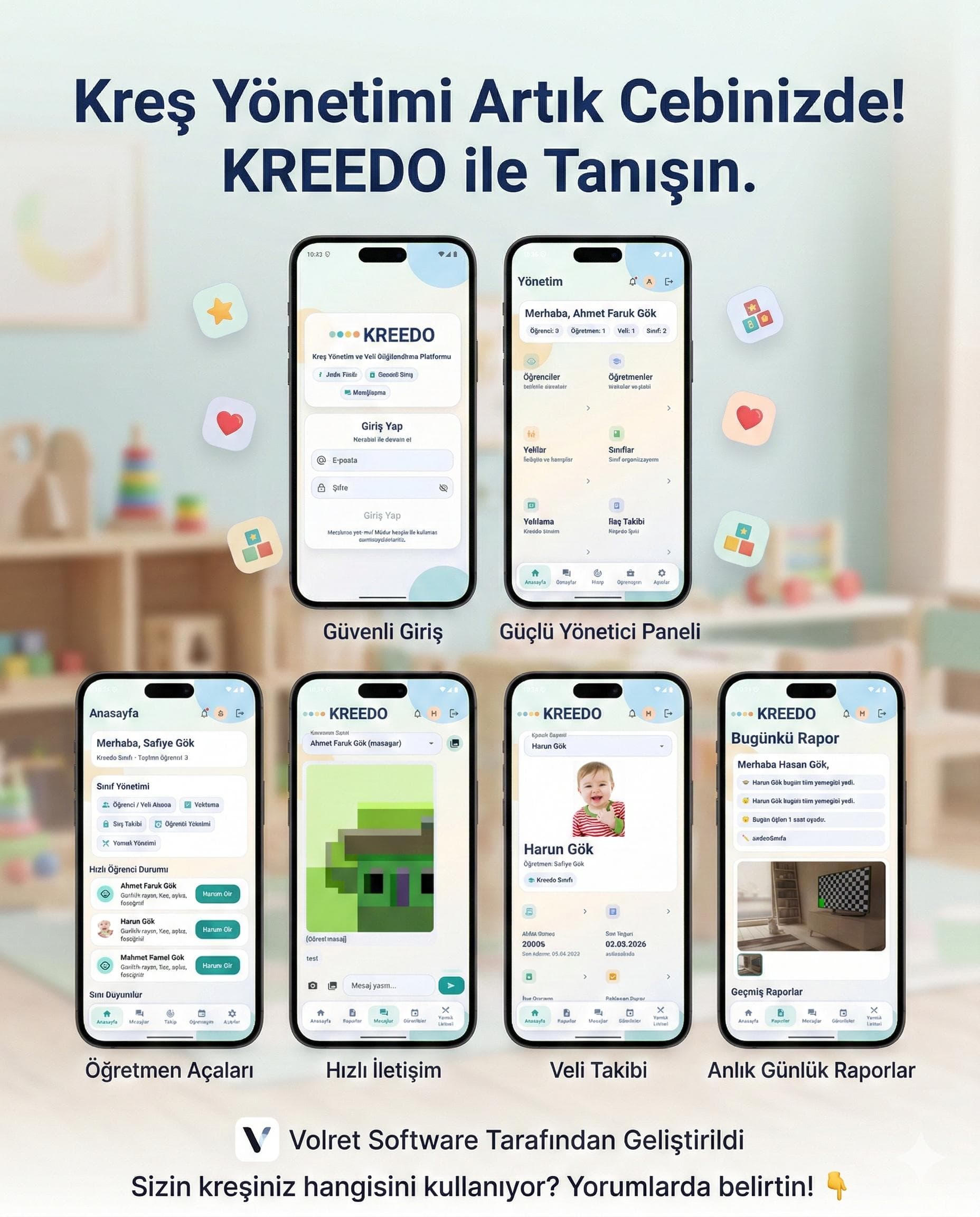 Kreş yönetimi mobil ekranları